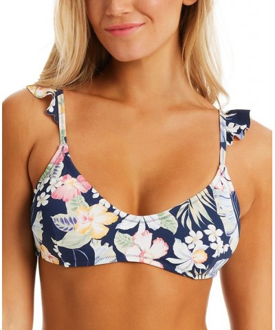 Women's Stranded In Paradise Floral-Print Ruffled-Shoulder Bikini Bra Top Multi $33.30 Swimsuits