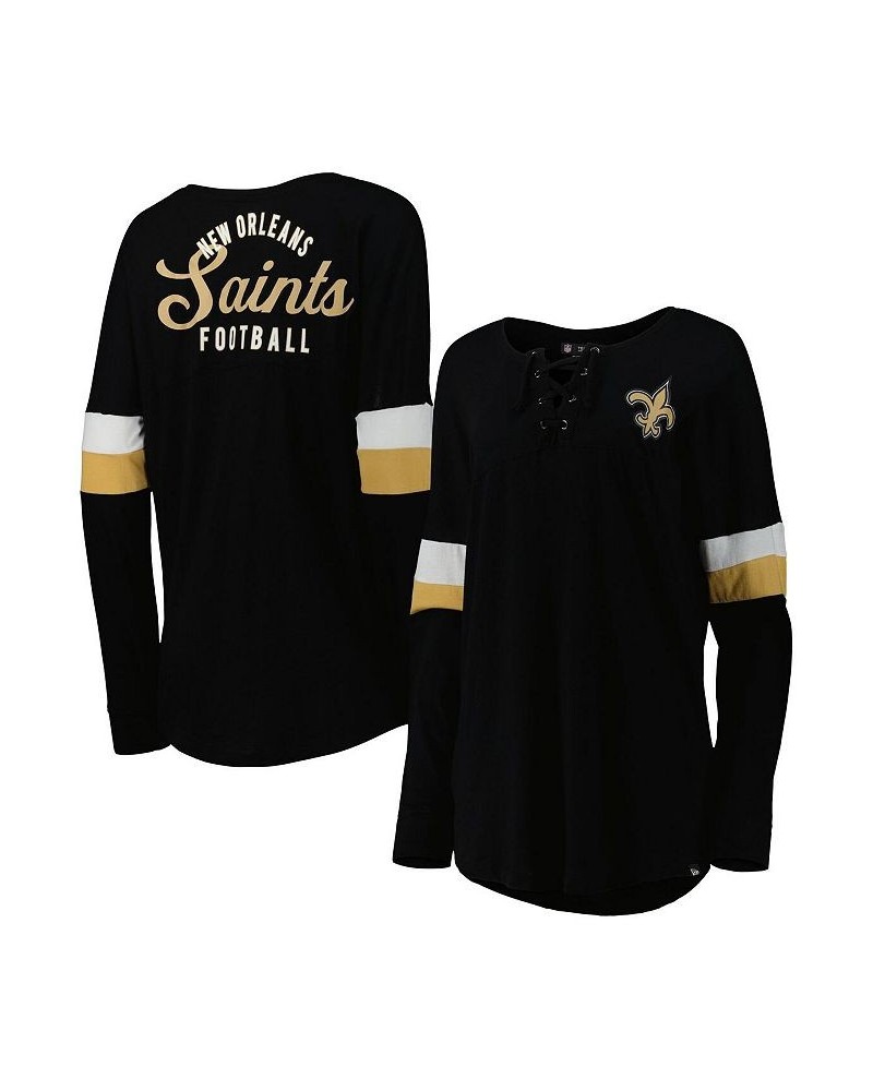 Women's Black New Orleans Saints Athletic Varsity Lace-Up Long Sleeve T-shirt Black $22.05 Tops