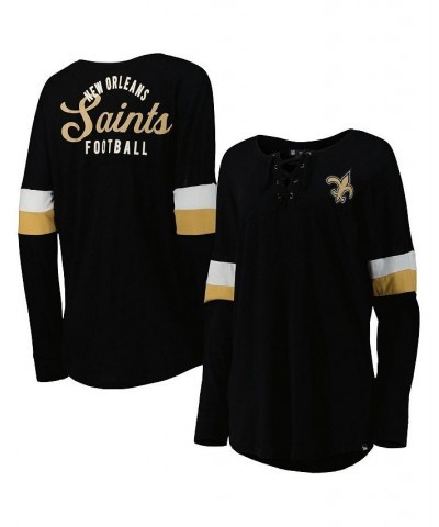 Women's Black New Orleans Saints Athletic Varsity Lace-Up Long Sleeve T-shirt Black $22.05 Tops