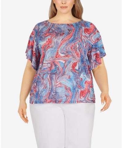 Plus Size Marbled Flutter Sleeve Top Azure Multi $21.09 Tops