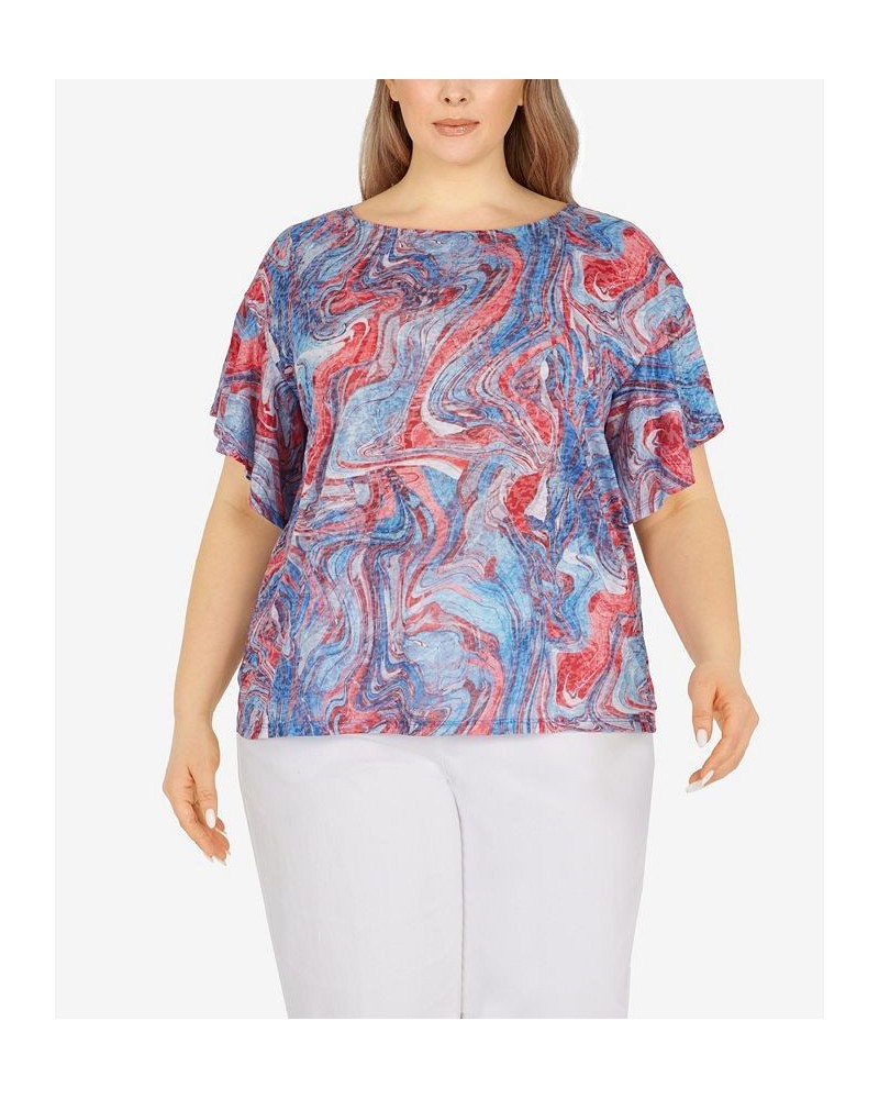 Plus Size Marbled Flutter Sleeve Top Azure Multi $21.09 Tops