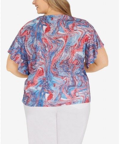 Plus Size Marbled Flutter Sleeve Top Azure Multi $21.09 Tops