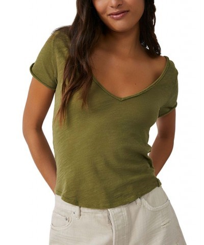 Women's Sunny Days Ahead V-Neck Cotton T-Shirt Green $28.32 Tops