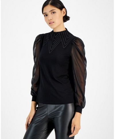 Women's Embroidered Funnel-Neck Sheer-Sleeve Top Black $25.74 Tops