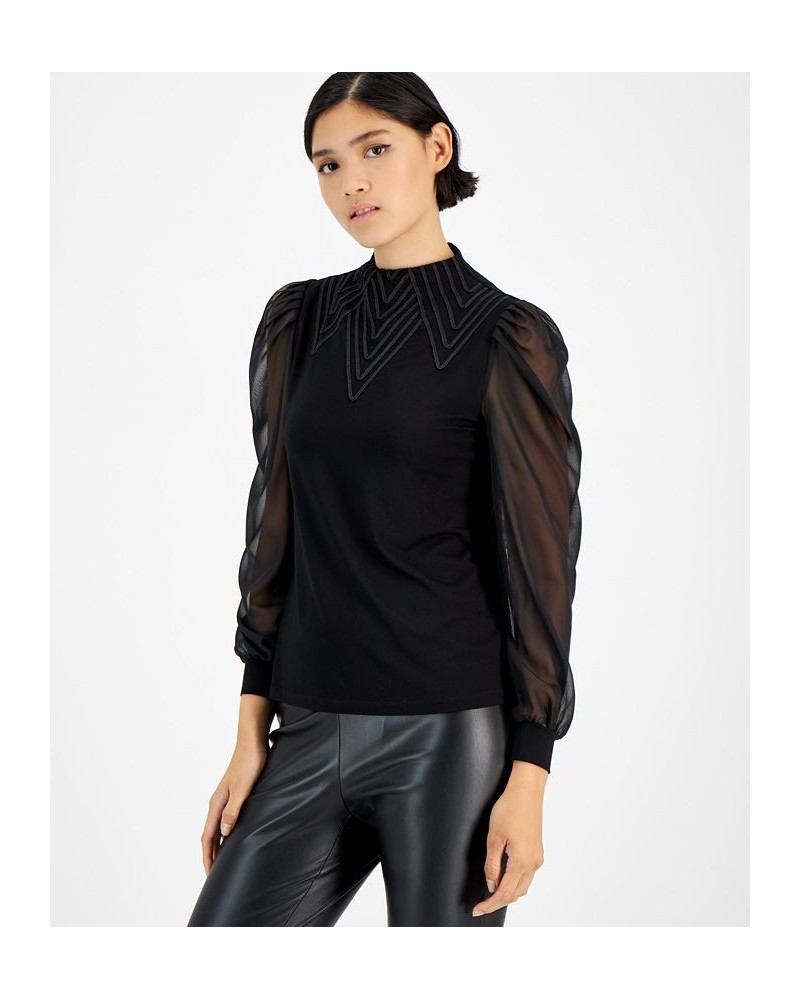 Women's Embroidered Funnel-Neck Sheer-Sleeve Top Black $25.74 Tops