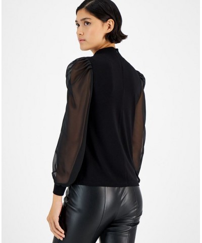 Women's Embroidered Funnel-Neck Sheer-Sleeve Top Black $25.74 Tops