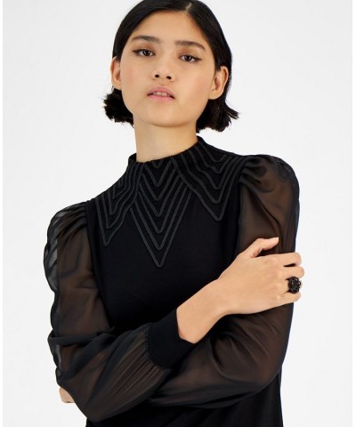 Women's Embroidered Funnel-Neck Sheer-Sleeve Top Black $25.74 Tops