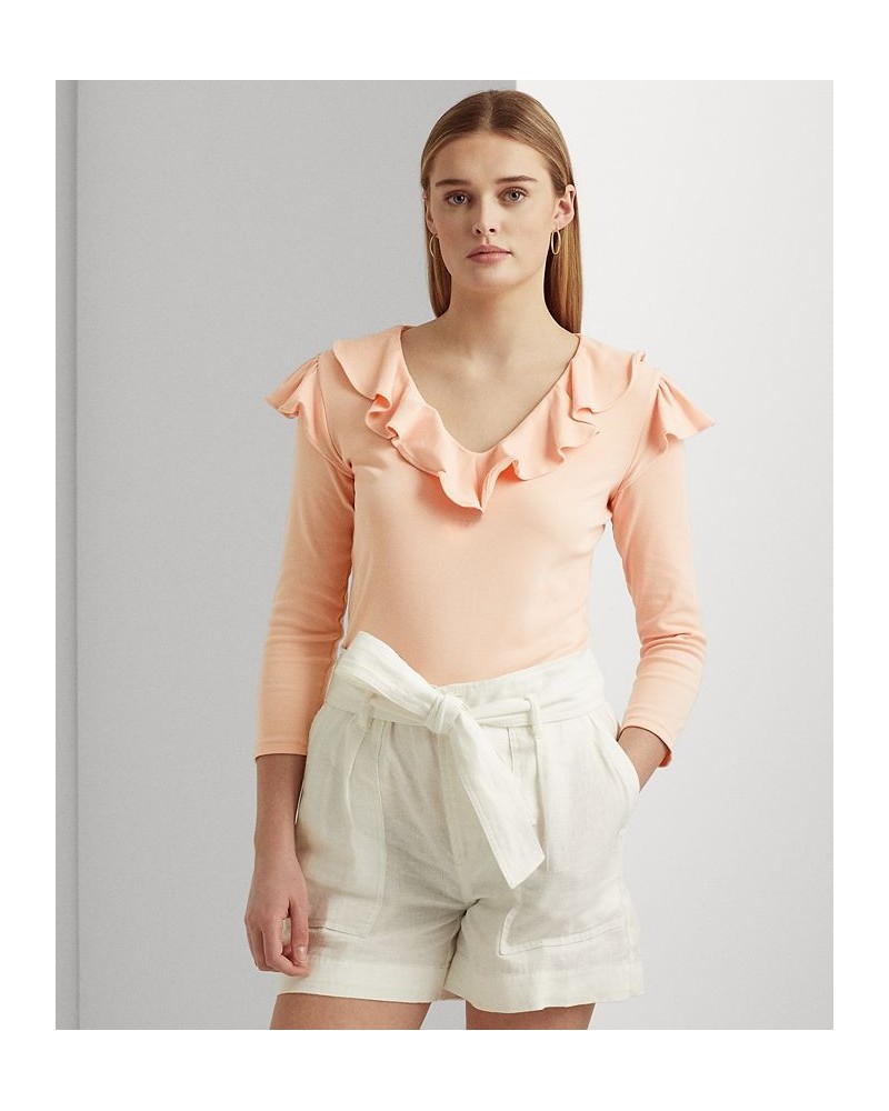 Women's Ruffle-Trim Stretch Cotton V-Neck Top Pale Pink $43.78 Tops