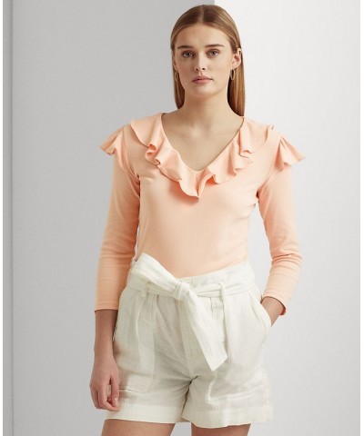 Women's Ruffle-Trim Stretch Cotton V-Neck Top Pale Pink $43.78 Tops