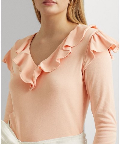 Women's Ruffle-Trim Stretch Cotton V-Neck Top Pale Pink $43.78 Tops