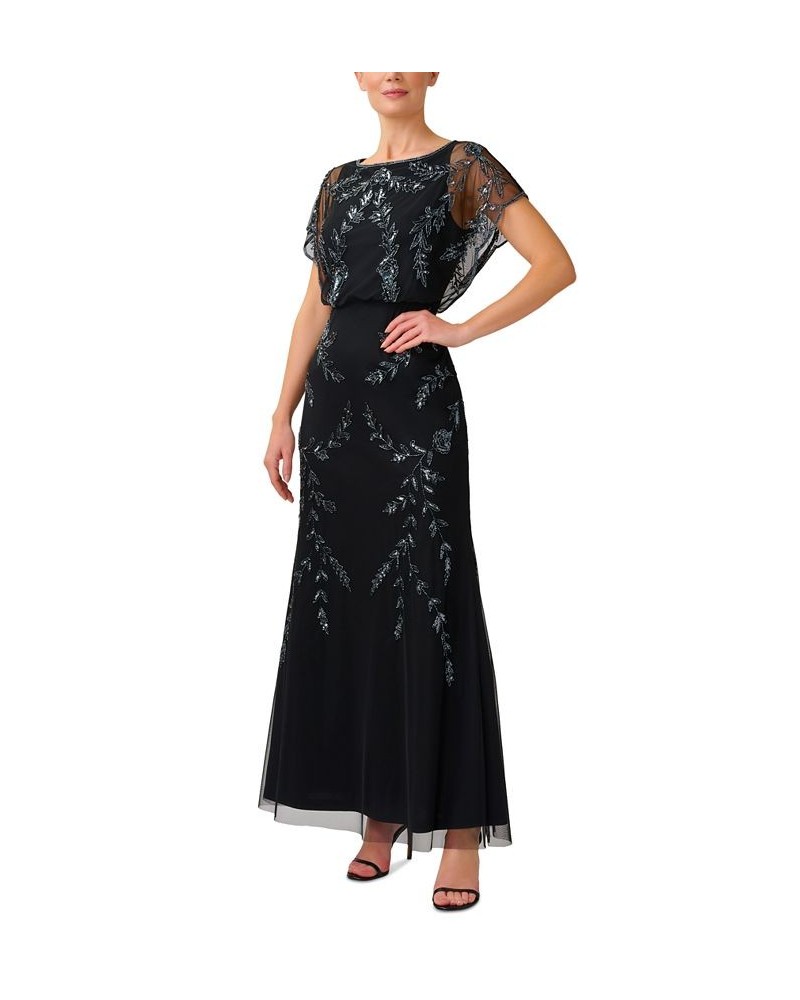 Women's Beaded Flutter-Sleeve Blouson Gown Black $55.77 Dresses