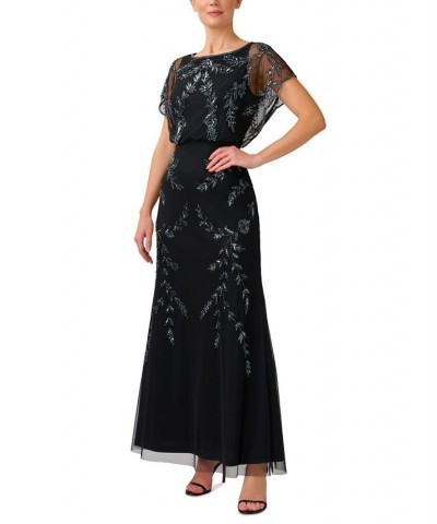 Women's Beaded Flutter-Sleeve Blouson Gown Black $55.77 Dresses