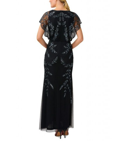 Women's Beaded Flutter-Sleeve Blouson Gown Black $55.77 Dresses