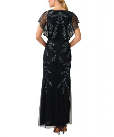 Women's Beaded Flutter-Sleeve Blouson Gown Black $55.77 Dresses