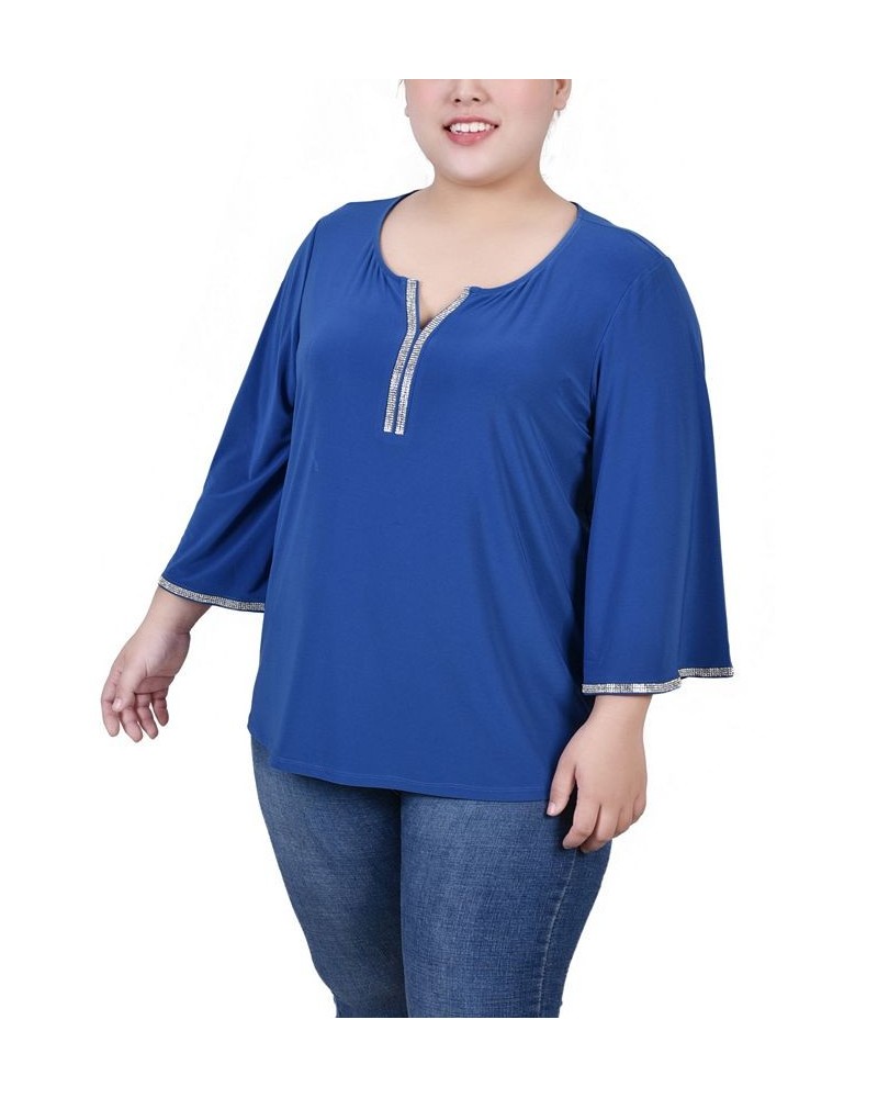 Plus Size 3/4 Bell Sleeve Top with Stones Blue $12.56 Tops