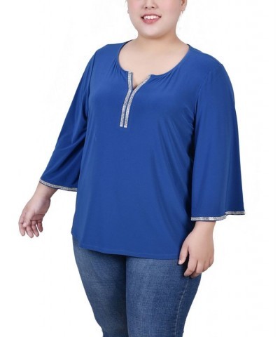 Plus Size 3/4 Bell Sleeve Top with Stones Blue $12.56 Tops