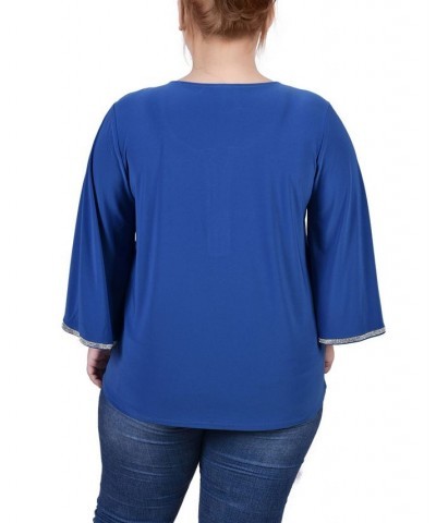 Plus Size 3/4 Bell Sleeve Top with Stones Blue $12.56 Tops