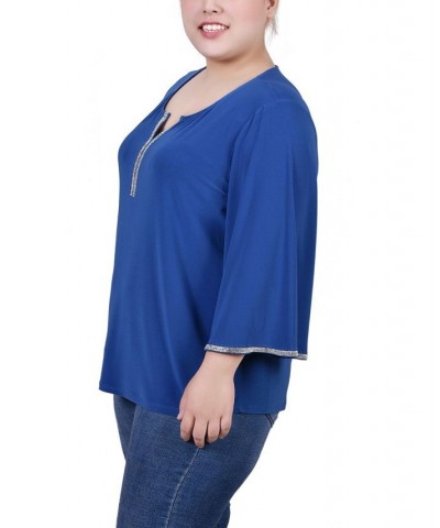 Plus Size 3/4 Bell Sleeve Top with Stones Blue $12.56 Tops