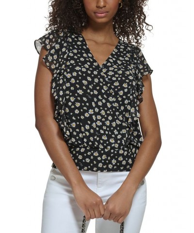 Women's Floral-Print Short-Sleeve Top Black Multi $49.23 Tops