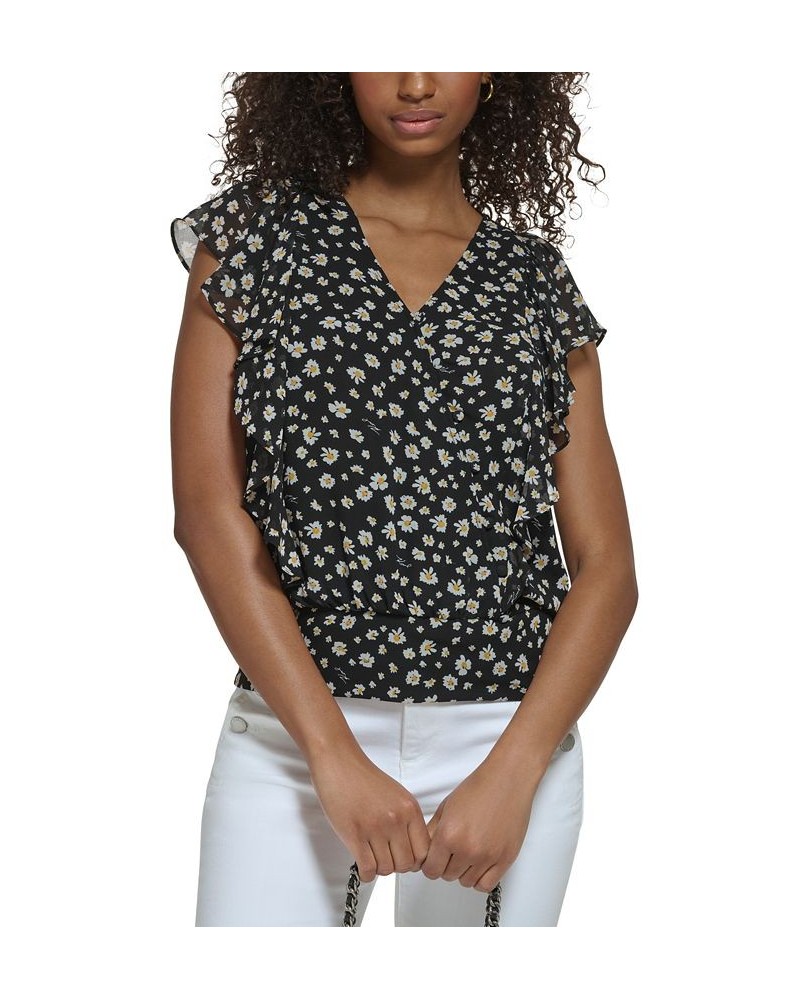 Women's Floral-Print Short-Sleeve Top Black Multi $49.23 Tops