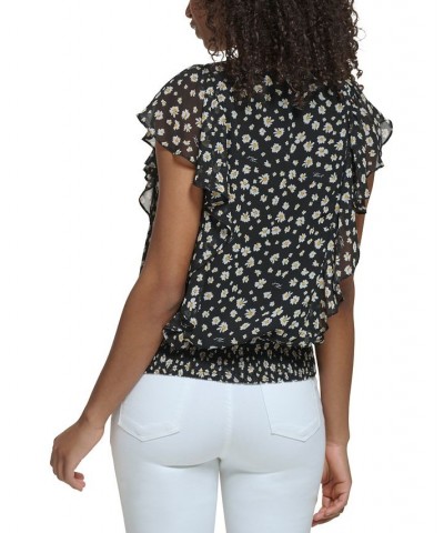 Women's Floral-Print Short-Sleeve Top Black Multi $49.23 Tops