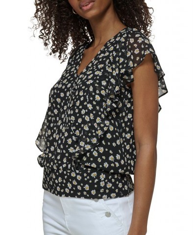 Women's Floral-Print Short-Sleeve Top Black Multi $49.23 Tops