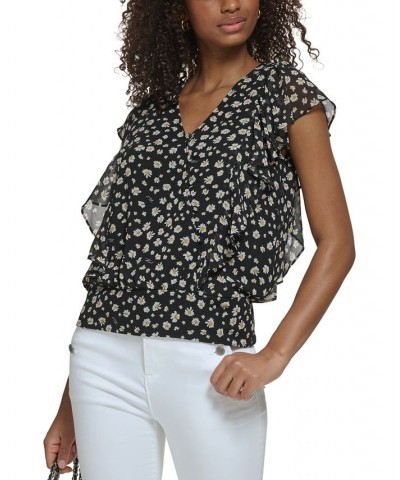 Women's Floral-Print Short-Sleeve Top Black Multi $49.23 Tops