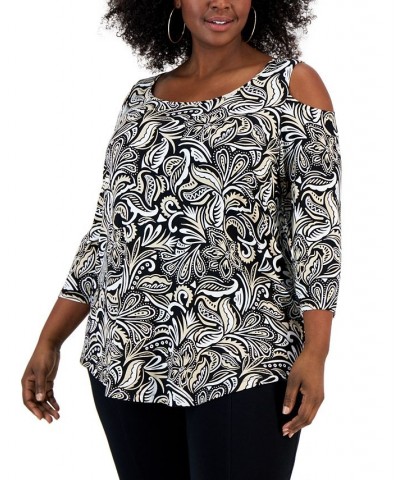 Plus Size Printed Cold-Shoulder 3/4-Sleeve Top Deep Black Combo $14.31 Tops