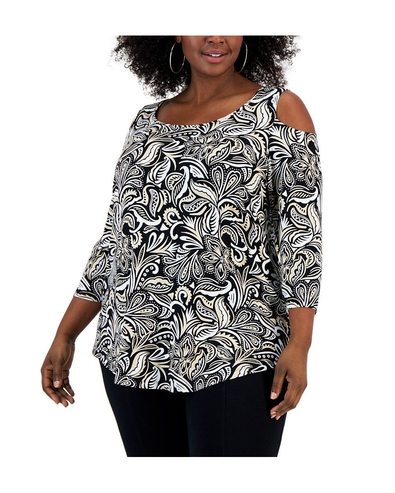 Plus Size Printed Cold-Shoulder 3/4-Sleeve Top Deep Black Combo $14.31 Tops