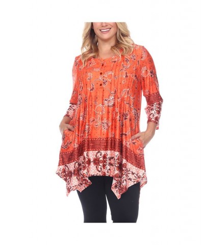 Women's Plus Size Victorian Print Tunic Top with Pockets Orange $32.24 Tops