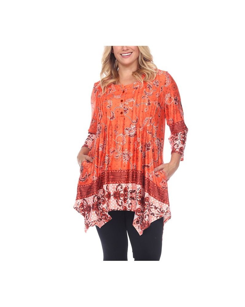 Women's Plus Size Victorian Print Tunic Top with Pockets Orange $32.24 Tops