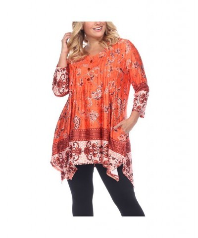 Women's Plus Size Victorian Print Tunic Top with Pockets Orange $32.24 Tops