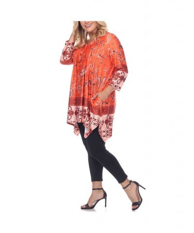 Women's Plus Size Victorian Print Tunic Top with Pockets Orange $32.24 Tops