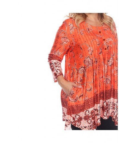 Women's Plus Size Victorian Print Tunic Top with Pockets Orange $32.24 Tops