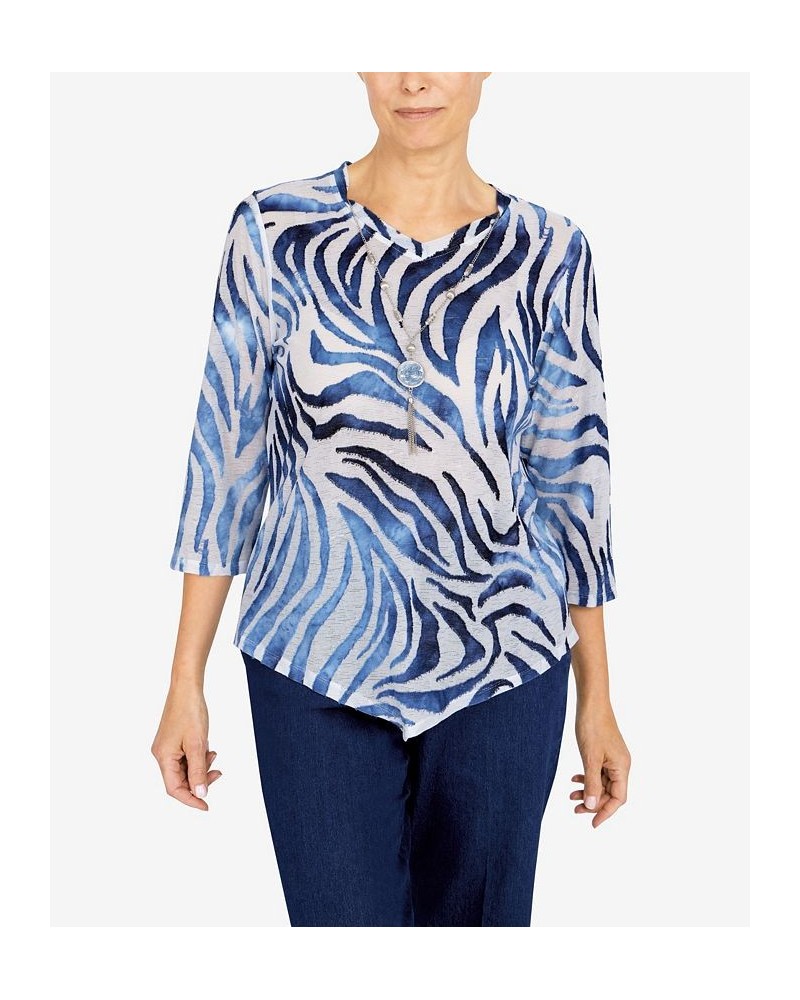 Petite Bright Idea Asymmetric Hem Burnout Tiger Print Top Navy $22.33 Tops