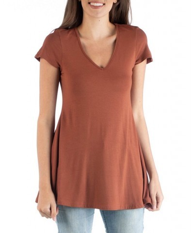 Women's Short Sleeve Loose Fit Tunic Top with V-Neck Clear $15.96 Tops