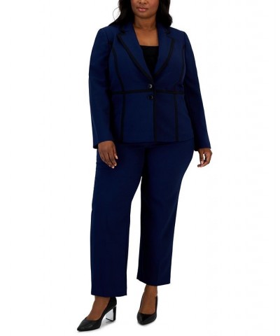 Plus Size Crepe Two-Button Framed Jacket & Slim Pants Blue $59.85 Suits