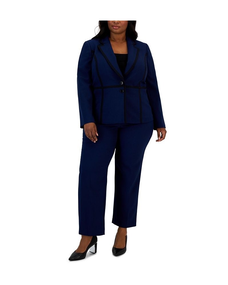 Plus Size Crepe Two-Button Framed Jacket & Slim Pants Blue $59.85 Suits