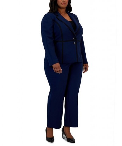 Plus Size Crepe Two-Button Framed Jacket & Slim Pants Blue $59.85 Suits