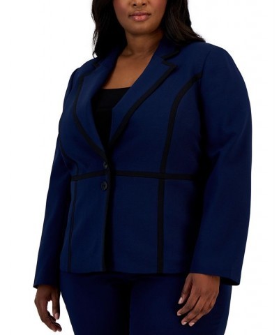 Plus Size Crepe Two-Button Framed Jacket & Slim Pants Blue $59.85 Suits