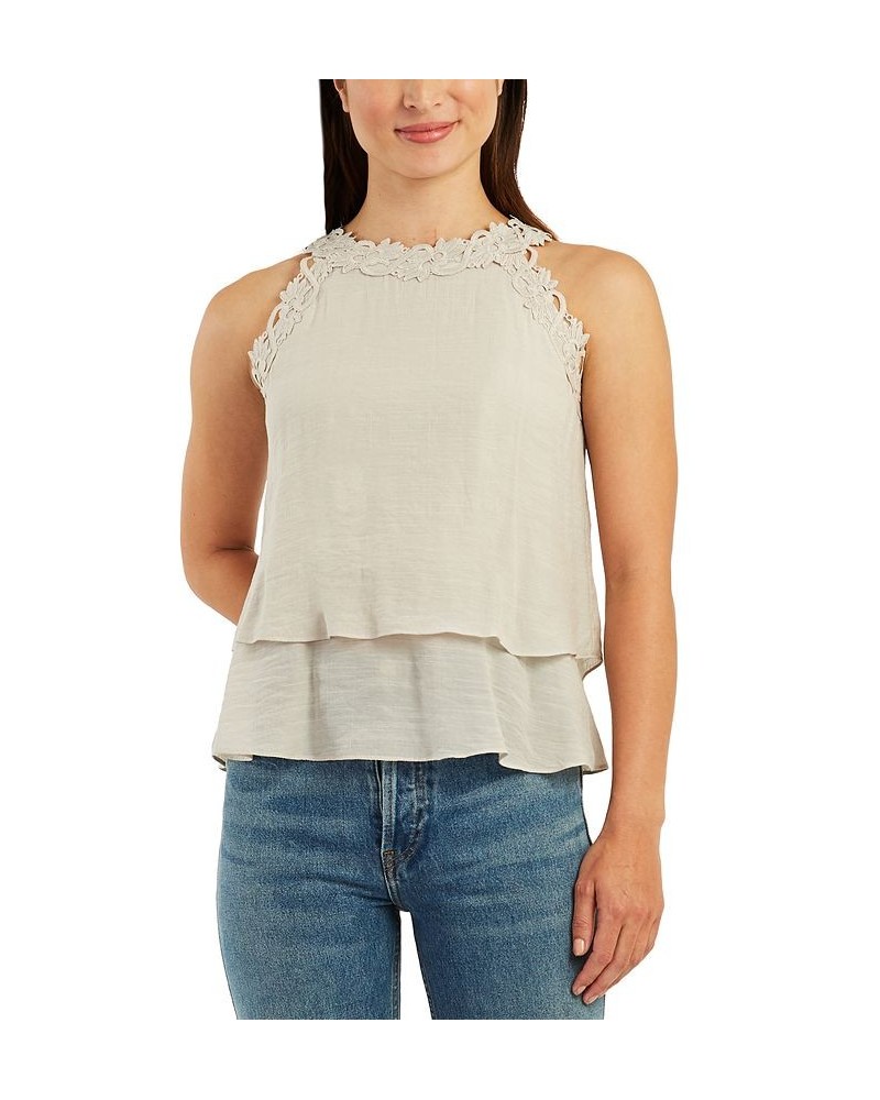 Juniors' Crochet-Trim Layered-Hem Top Tan/Beige $22.05 Tops