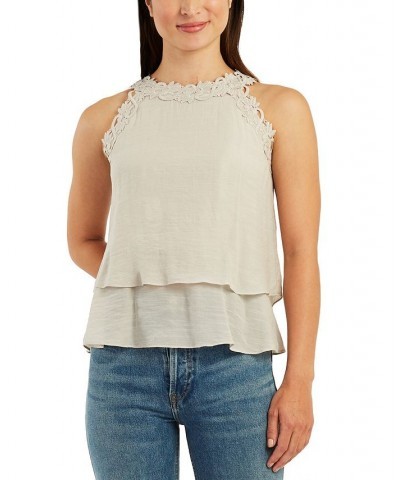 Juniors' Crochet-Trim Layered-Hem Top Tan/Beige $22.05 Tops