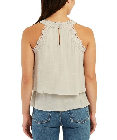 Juniors' Crochet-Trim Layered-Hem Top Tan/Beige $22.05 Tops