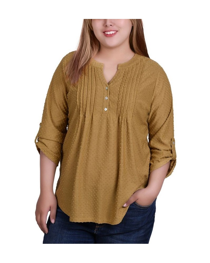 Plus Size 3/4 Tab Sleeve Y-Neck Blouse Brown $11.68 Tops