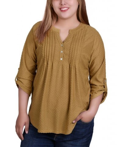 Plus Size 3/4 Tab Sleeve Y-Neck Blouse Brown $11.68 Tops