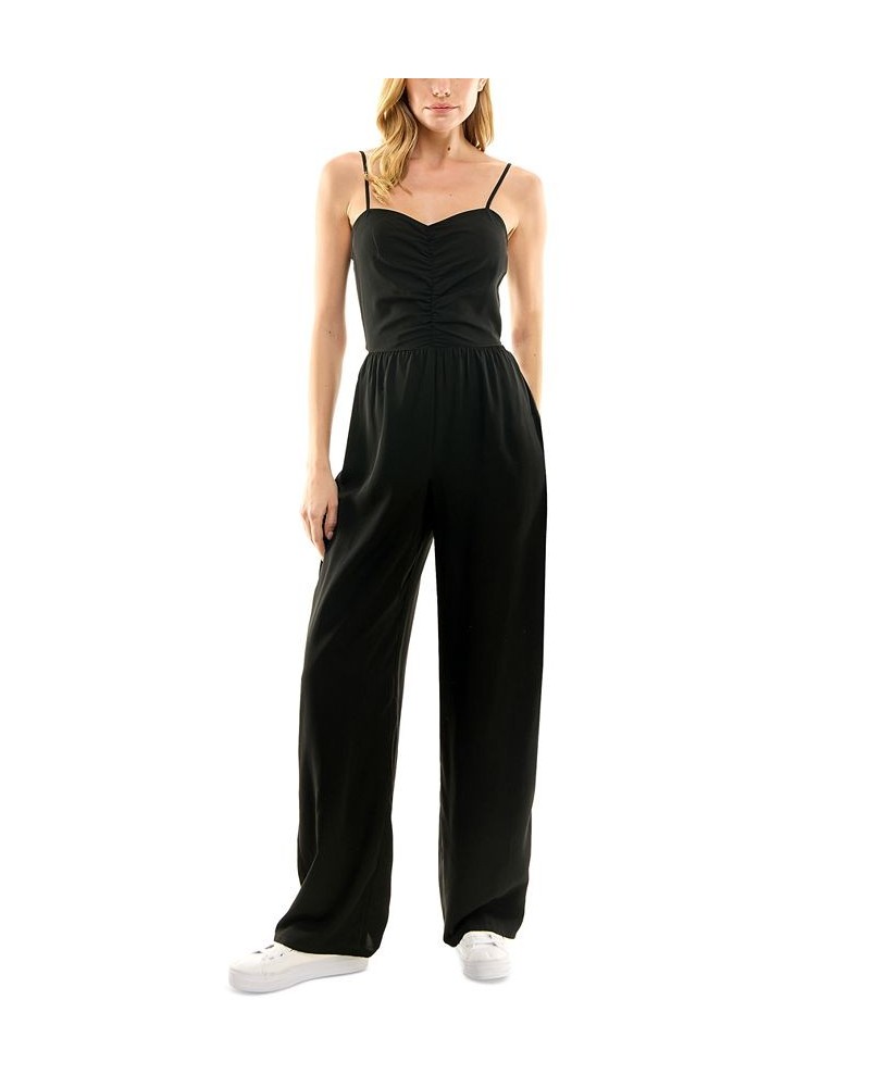 Juniors' Ruched-Front Tie-Back Jumpsuit Black $28.42 Pants