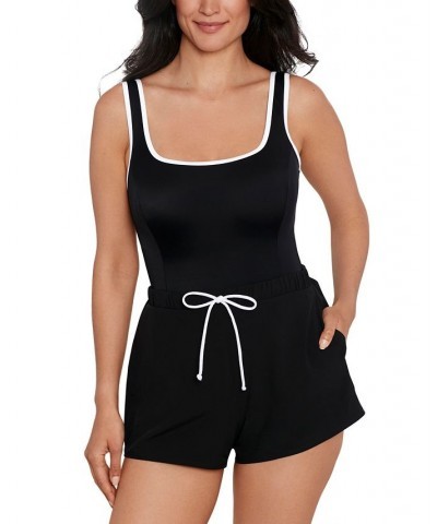 Shape Solver Sport for Women's Colorblocked Romper One-Piece Swimsuit Black/White $52.00 Swimsuits