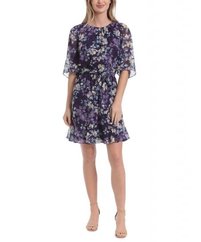 Petite Floral-Print Sheer-Sleeve Flounce Dress Purple $29.50 Dresses