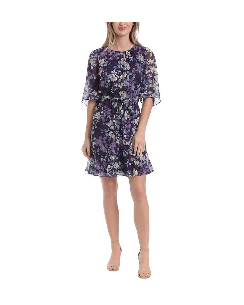 Petite Floral-Print Sheer-Sleeve Flounce Dress Purple $29.50 Dresses