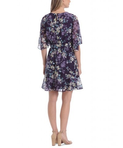 Petite Floral-Print Sheer-Sleeve Flounce Dress Purple $29.50 Dresses